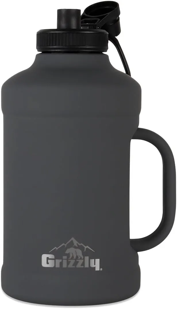 Grizzly 64oz Water Bottle | Vacuum Insulated | Leak Resistant Lid | Stainless Steel| Heavy Duty Handle | For Gym Hiking Beach Sports Camping | Stealth Gray