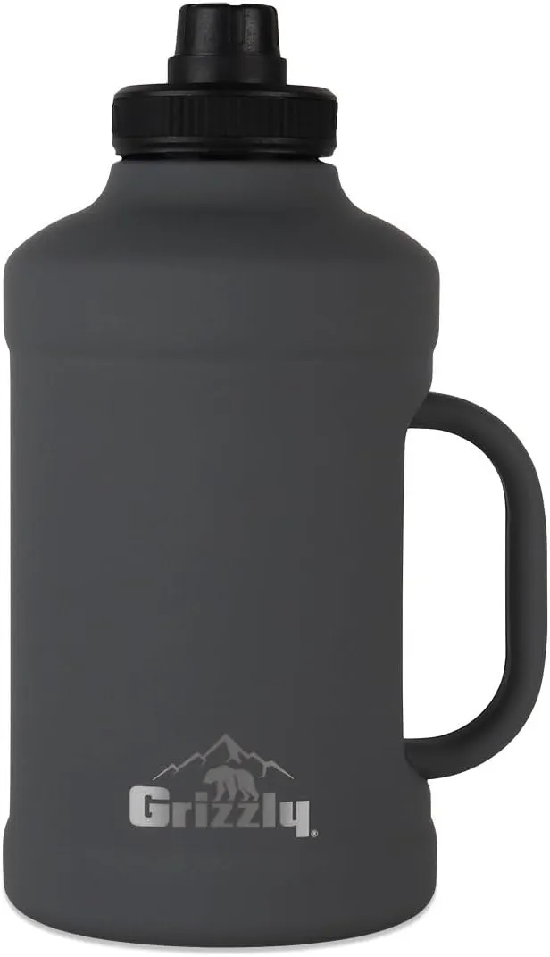Grizzly 64oz Water Bottle | Vacuum Insulated | Leak Resistant Lid | Stainless Steel| Heavy Duty Handle | For Gym Hiking Beach Sports Camping | Stealth Gray