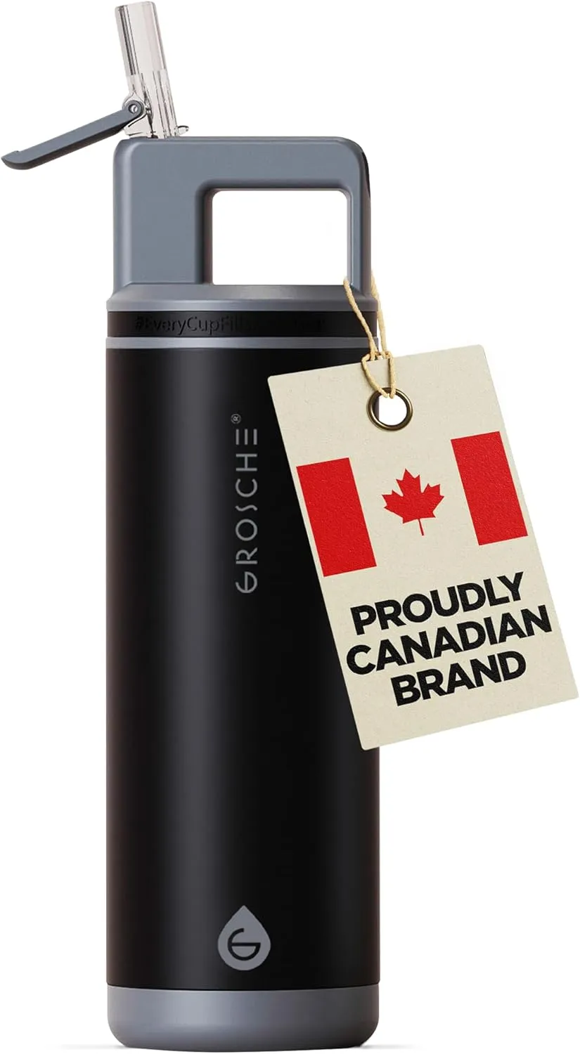 GROSCHE Alpine Flip n' Sip 20 oz Insulated Water Bottle - Stainless Steel, Leakproof Flask with Straw - Perfect for Gym, Travel & Outdoor Use - Keeps Water Cold up to 60 hrs - Graphite Black
