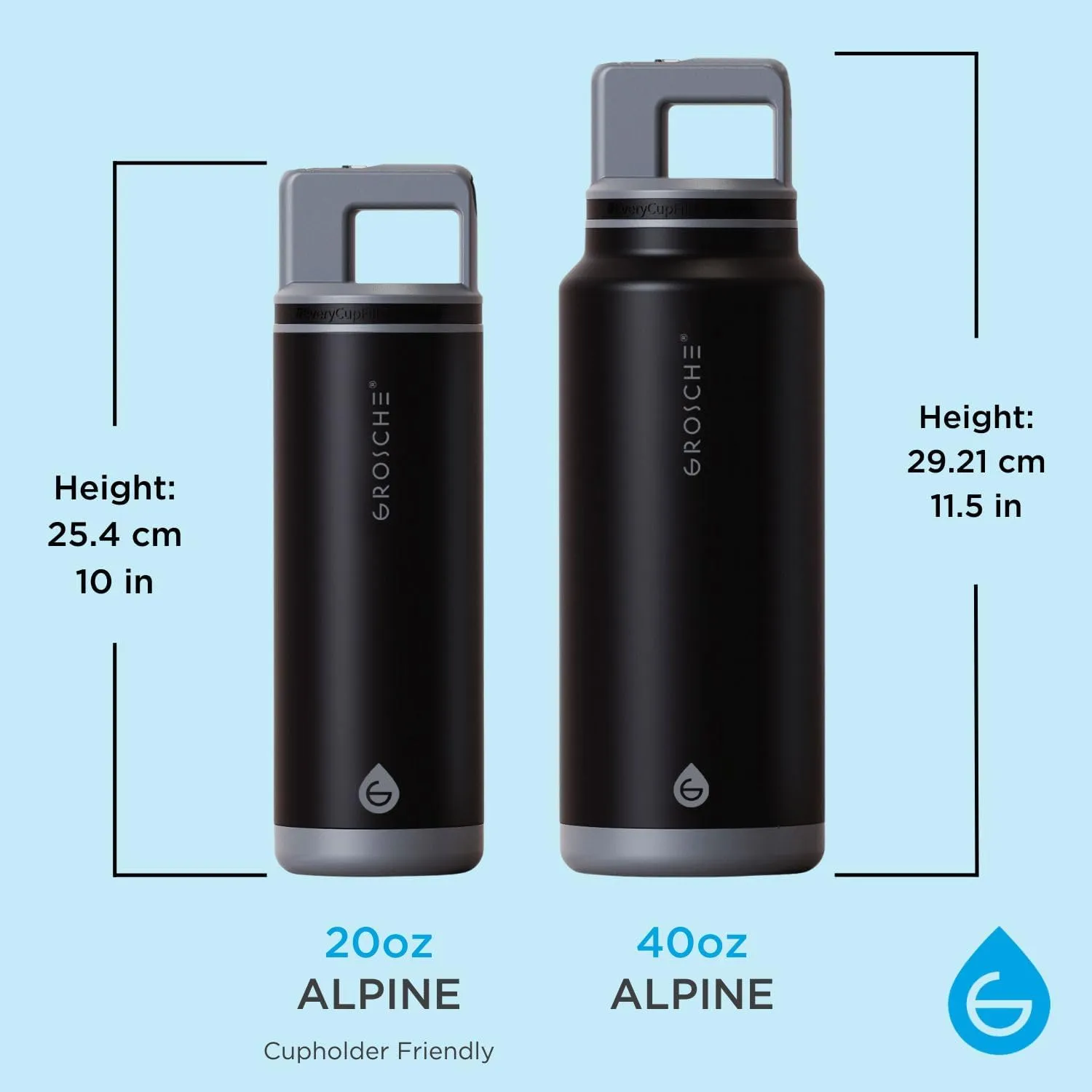 GROSCHE Alpine Flip n' Sip 20 oz Insulated Water Bottle - Stainless Steel, Leakproof Flask with Straw - Perfect for Gym, Travel & Outdoor Use - Keeps Water Cold up to 60 hrs - Graphite Black