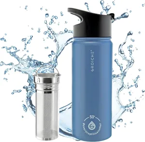GROSCHE Chicago Stainless Steel Tea Infuser Flask | Beverage Bottle | Hot & Cold Drinks | Loose Leaf Tea Infuser | Travel Convenience Water Bottle | 16 fl oz, Blue