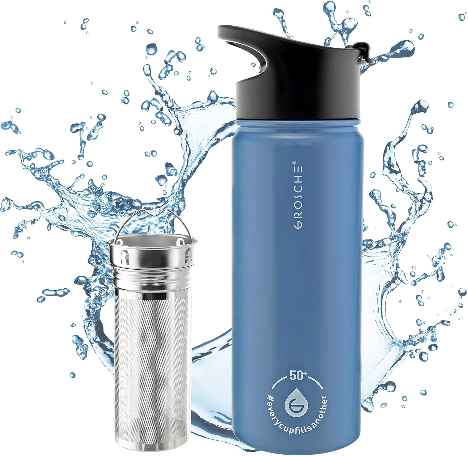 GROSCHE Chicago Stainless Steel Tea Infuser Flask | Beverage Bottle | Hot & Cold Drinks | Loose Leaf Tea Infuser | Travel Convenience Water Bottle | 16 fl oz, Blue