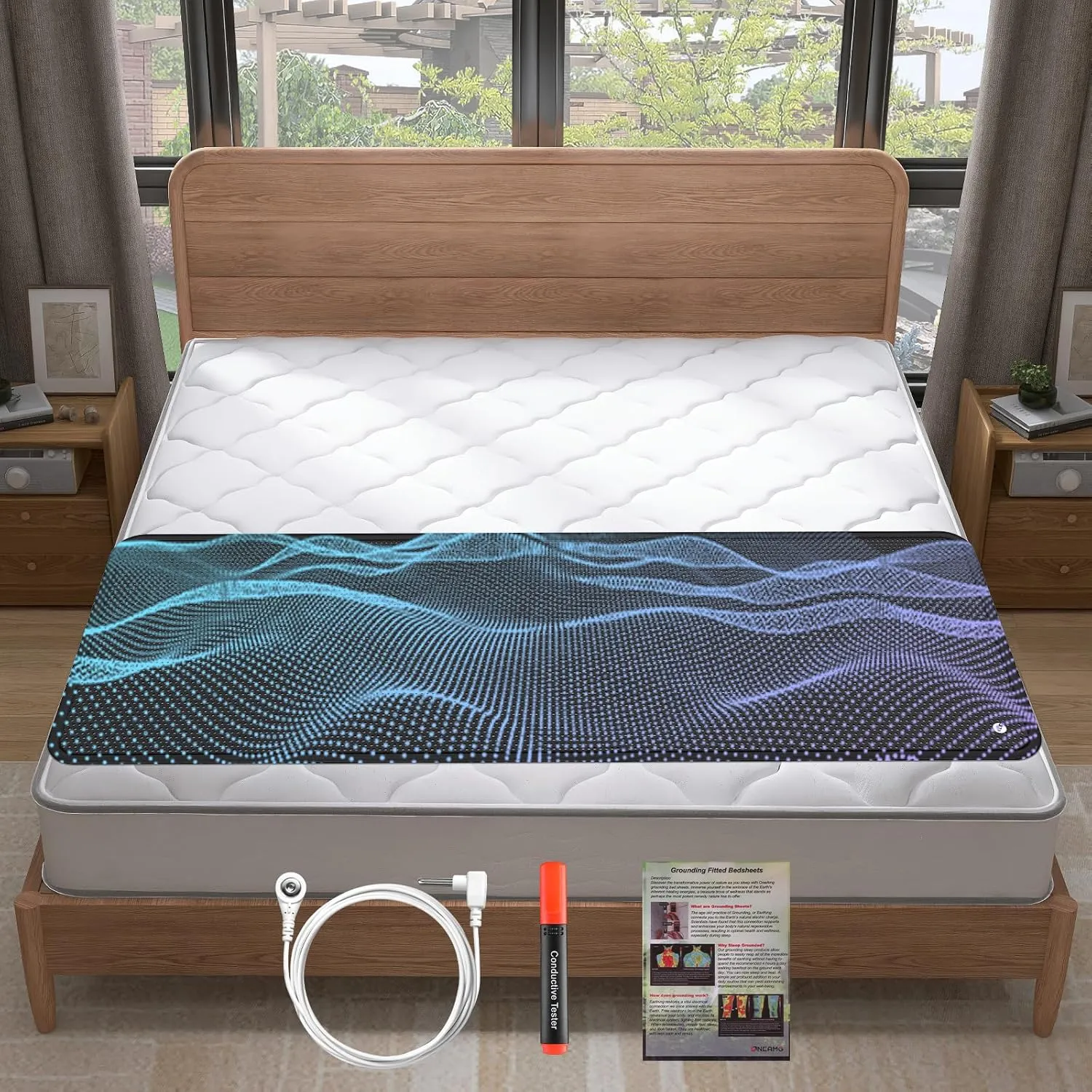 Grounding Mat for Bed Queen Size-PU Leather Earthing Pad for Better Sleep & Stress Relief, Anti-Slip Eco-Friendly with 16.4ft Cord   Free Test Pen (27x60 Inch)