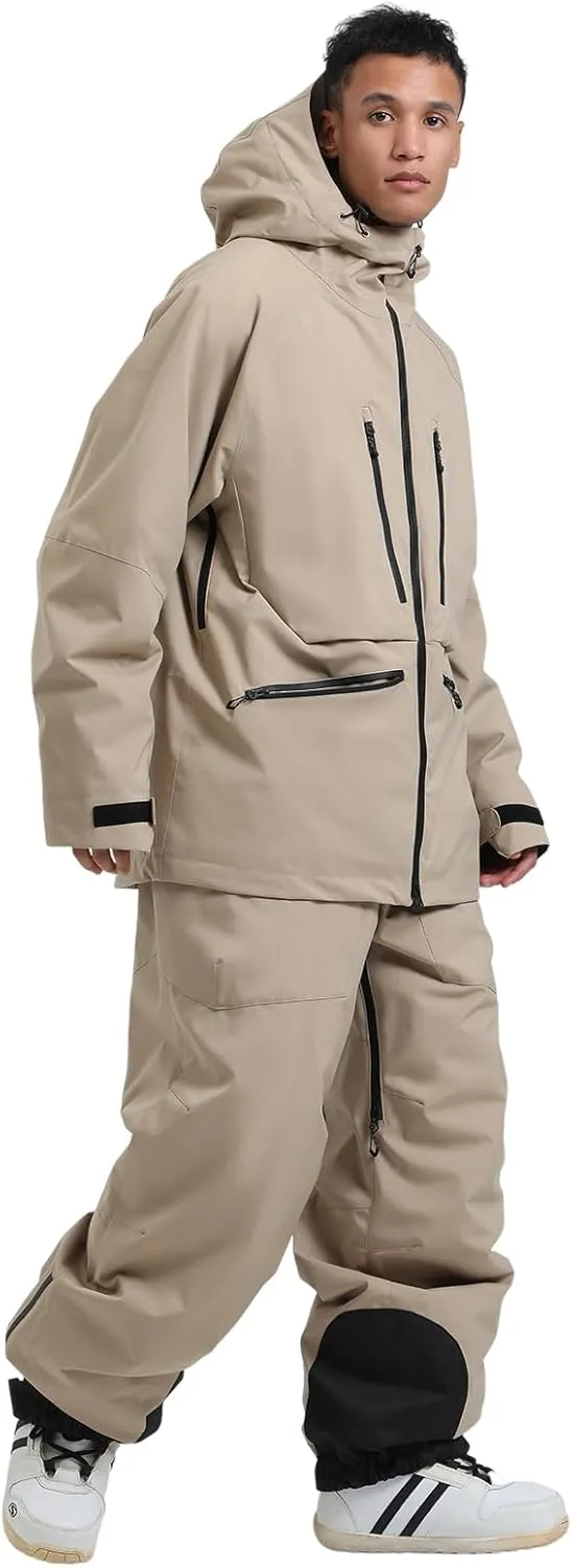 GSOU SNOW Mens Ski Jacket and Pants Set Ski Suit Snowboard Bibs Snowsuit Snow Coats Waterproof Hooded