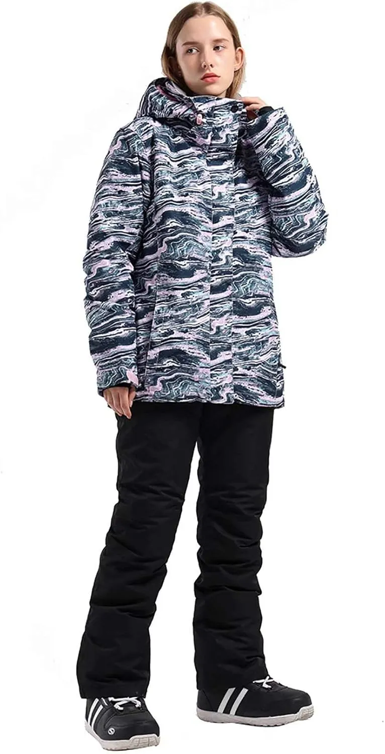 GSOU SNOW Women's Ski Jackets and Pants Set Snowboarding Snowsuit Snow Coat Hooded Waterproof Windproof