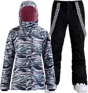 GSOU SNOW Women's Ski Jackets and Pants Set Snowboarding Snowsuit Snow Coat Hooded Waterproof Windproof