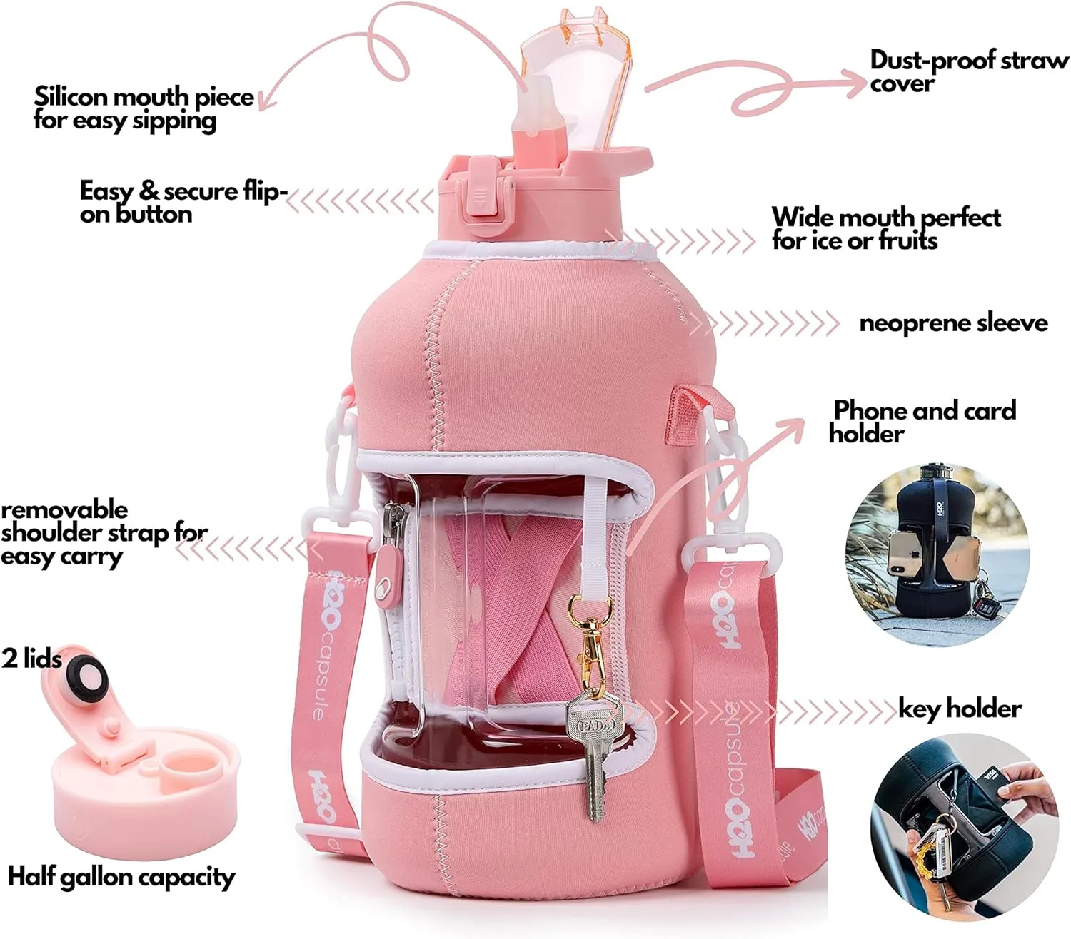 H2O Capsule 2.2L Half Gallon Water Bottle with Storage Sleeve and Covered Straw Lid – BPA Free Large Reusable Drink Container with Handle - Big Sports Jug, 2.2 Liter (74 Ounce)