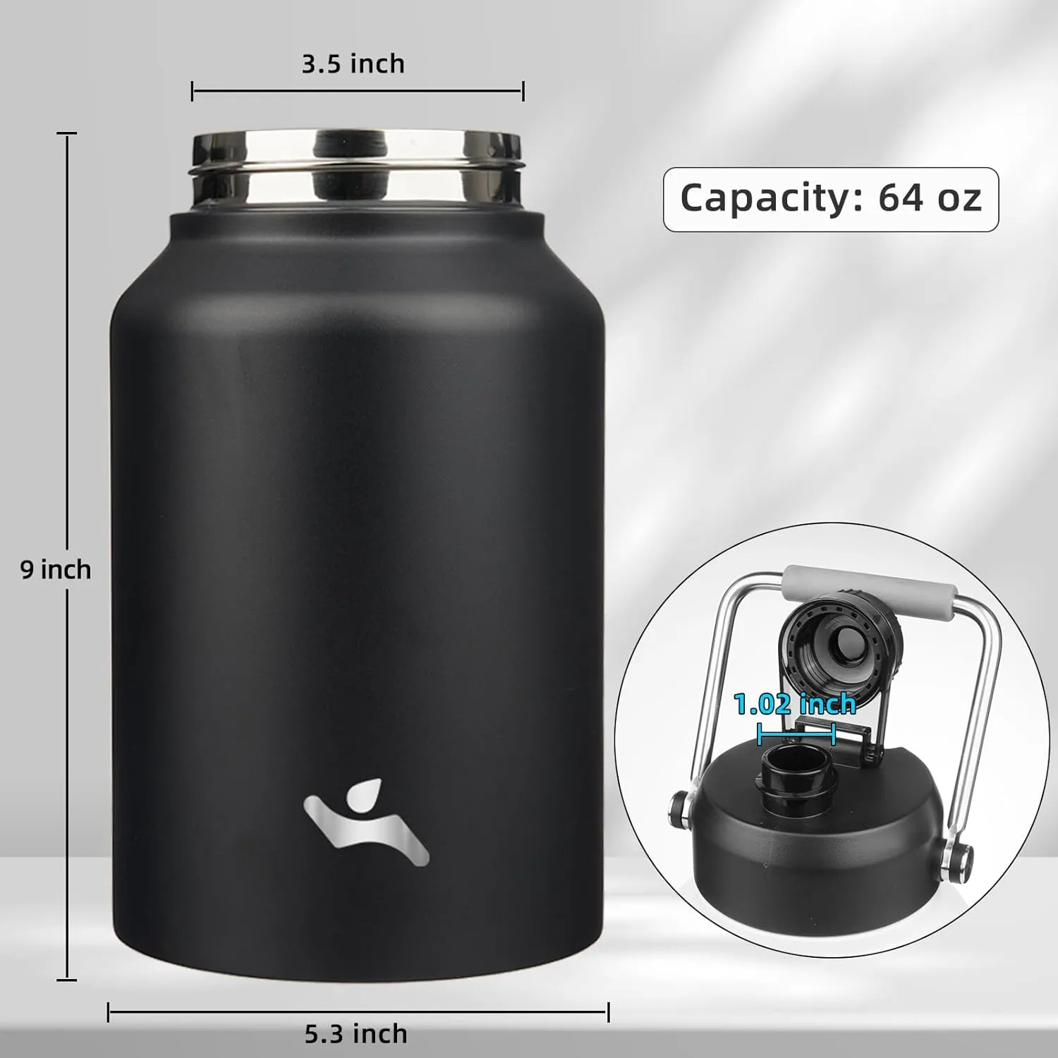 Half Gallon Jug with Handle,64 oz Insulated Water Bottle with Carrying Pouch,Double Wall Vacuum Stainless Steel Metal Bottle,Black
