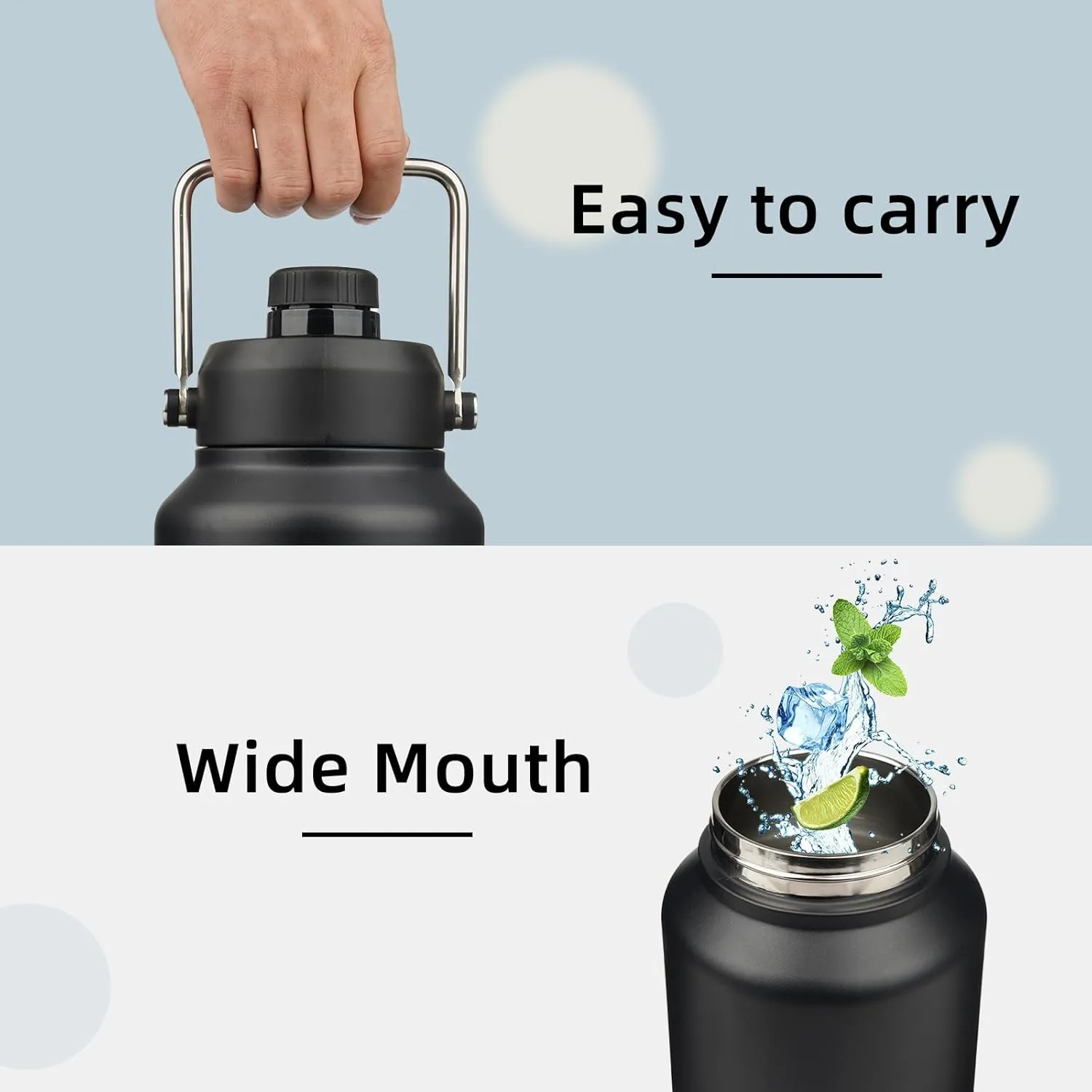 Half Gallon Jug with Handle,64 oz Insulated Water Bottle with Carrying Pouch,Double Wall Vacuum Stainless Steel Metal Bottle,Black