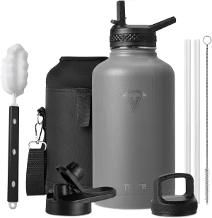 Half Gallon Water Bottle, 64oz Stainless Steel Insulated Water Bottle Sports Jug with 3 BPA-free Lids, Reusable Double Walled Vacuum Mug Canteen for Outdoor Camping Picnic, Grey
