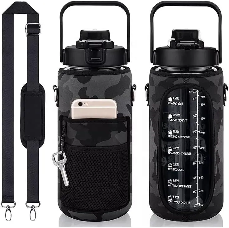 Half gallon water bottle sleeve- 64oz water bottle sleeve with strap -Gym water bottles for adult, Leakproof water bottle with cellphone holder and key holder. (Blue-green sleeve with pink cover)