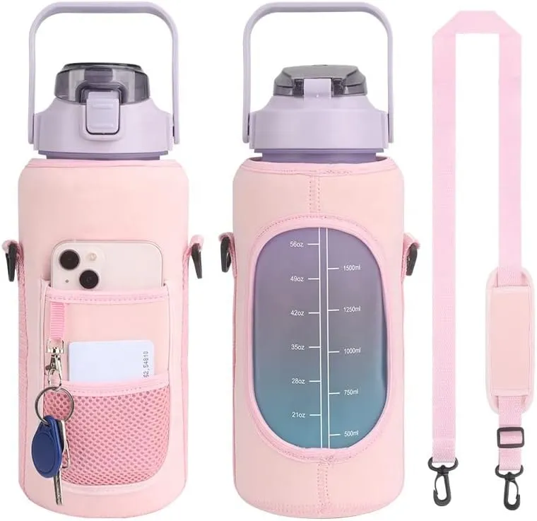 Half gallon water bottle sleeve- 64oz water bottle sleeve with strap -Gym water bottles for adult, Leakproof water bottle with cellphone holder and key holder. (Blue-green sleeve with pink cover)