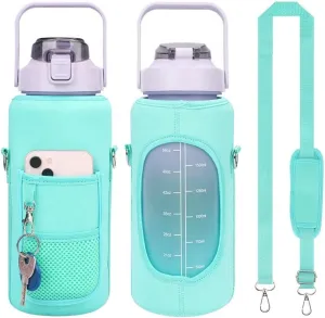 Half gallon water bottle sleeve- 64oz water bottle sleeve with strap -Gym water bottles for adult, Leakproof water bottle with cellphone holder and key holder. (Blue-green sleeve with pink cover)