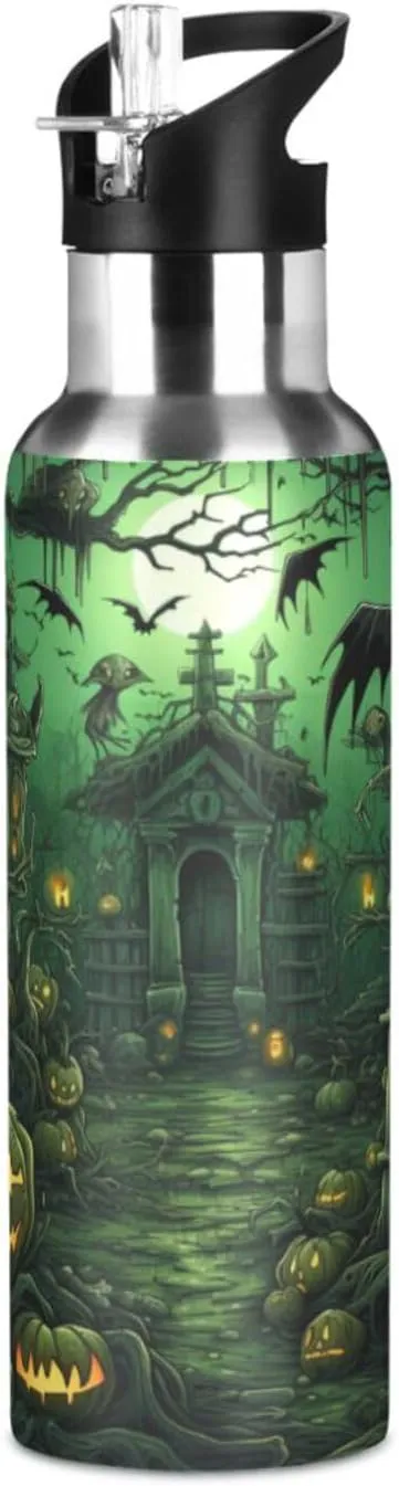 Halloween Style Green Castle Sport Water Bottle Insulated Stainless Steel Large Vacuum Flask Leak Proof Thermos with Straw for Travel(600ml/1000ml)