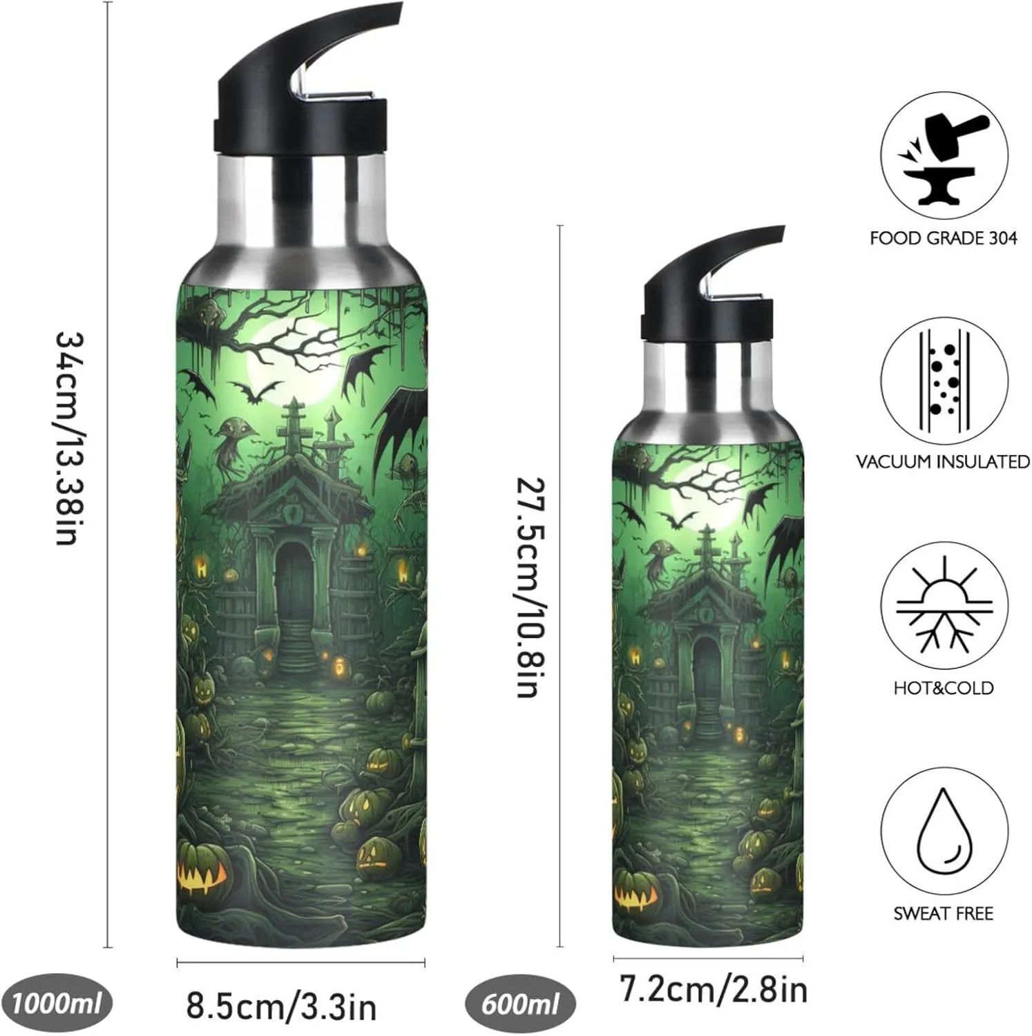 Halloween Style Green Castle Sport Water Bottle Insulated Stainless Steel Large Vacuum Flask Leak Proof Thermos with Straw for Travel(600ml/1000ml)