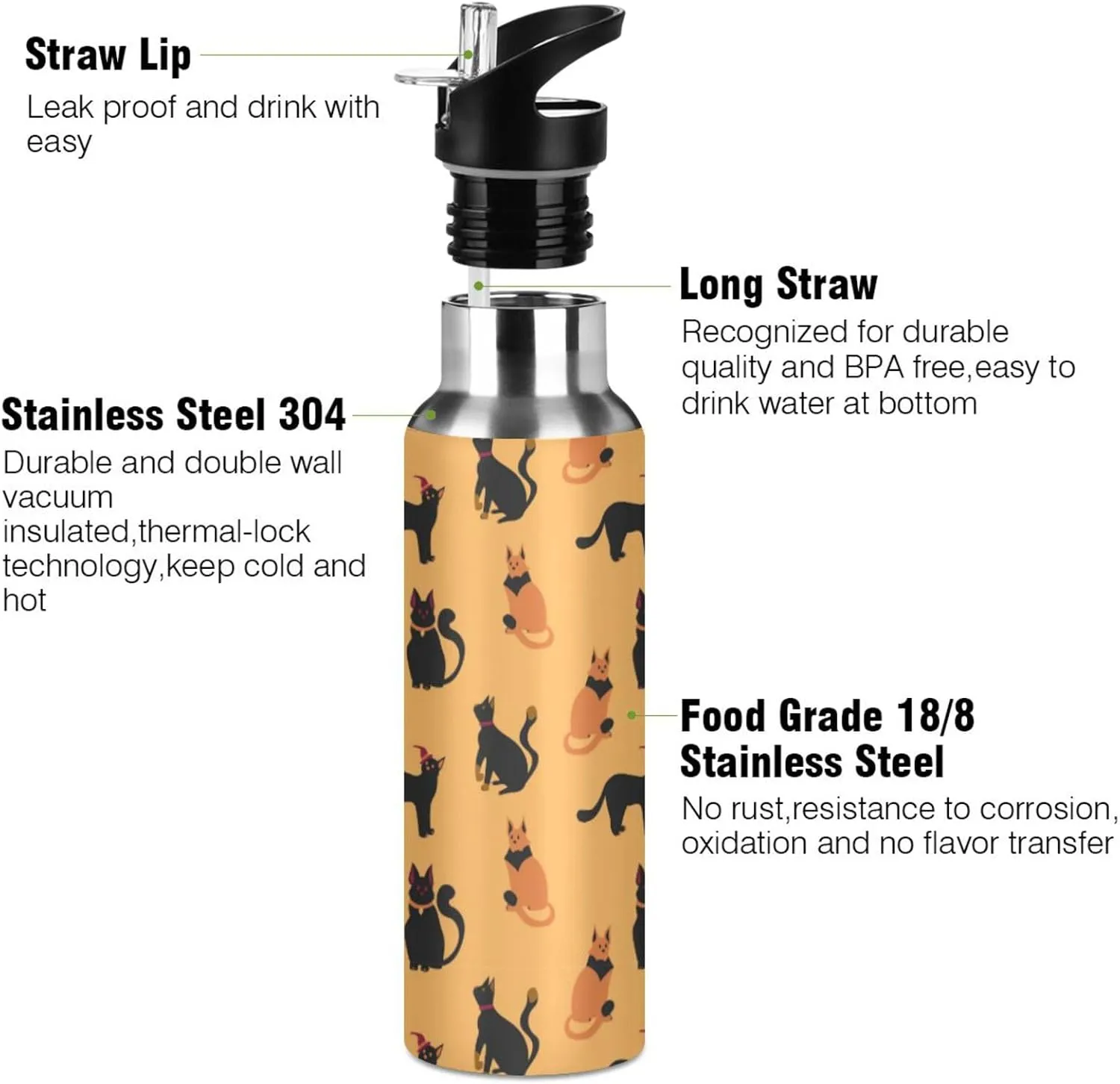 Halloween Water Bottle with Straw Lid Double Wall Witch Cats Thermos Bottle Vacuum Insulated Flask Stainless Steel Water Bottle for Gym Outdoor 20 OZ