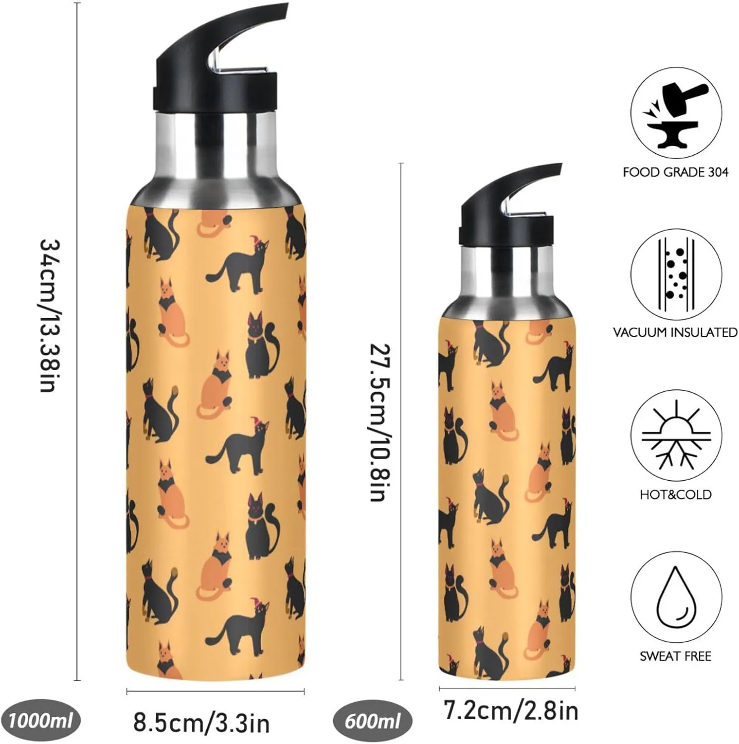 Halloween Water Bottle with Straw Lid Double Wall Witch Cats Thermos Bottle Vacuum Insulated Flask Stainless Steel Water Bottle for Gym Outdoor 20 OZ