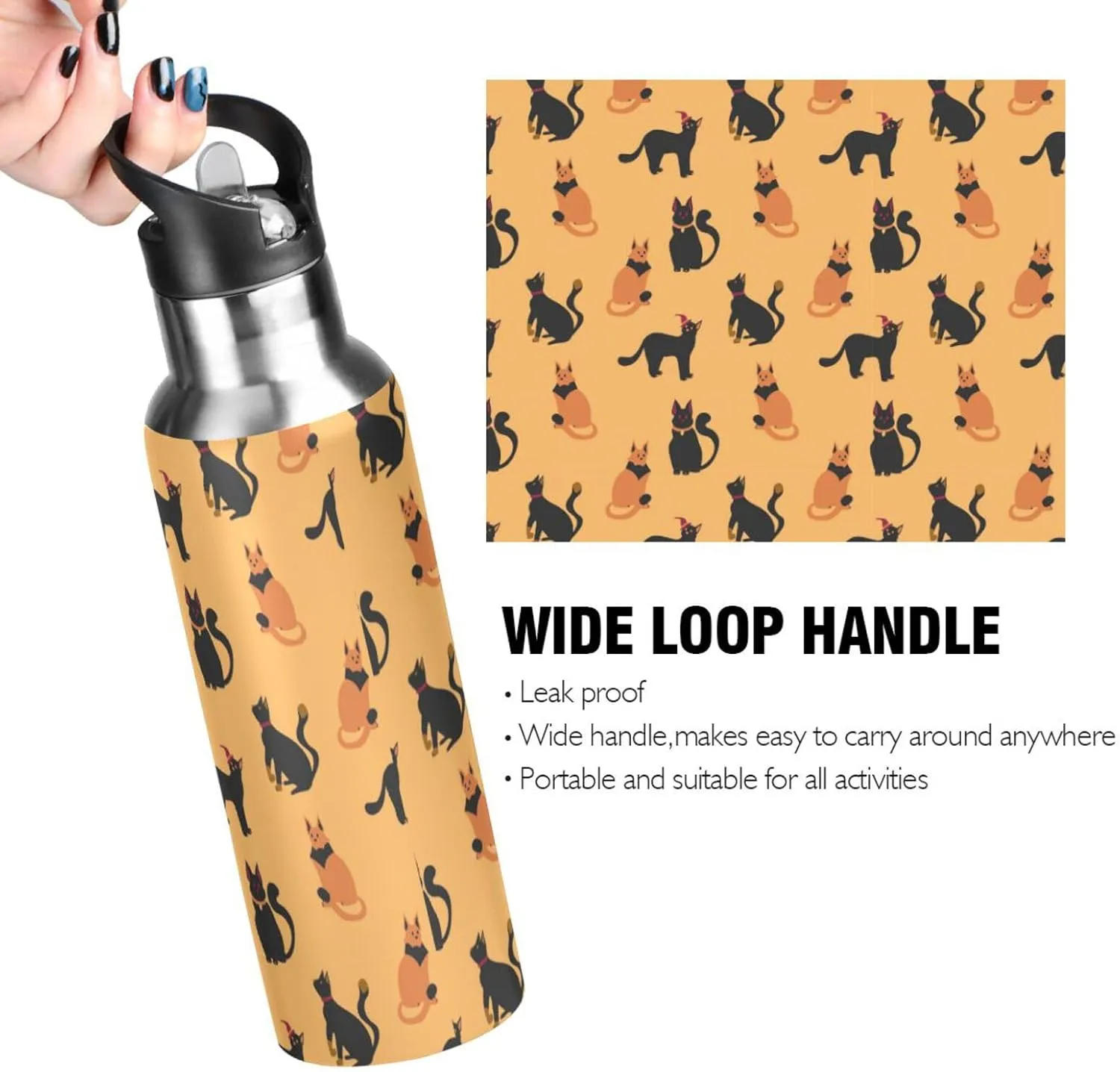 Halloween Water Bottle with Straw Lid Double Wall Witch Cats Thermos Bottle Vacuum Insulated Flask Stainless Steel Water Bottle for Gym Outdoor 20 OZ