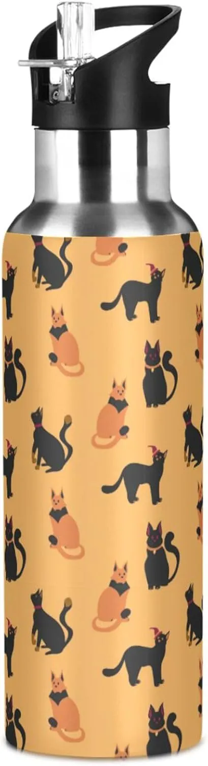 Halloween Water Bottle with Straw Lid Double Wall Witch Cats Thermos Bottle Vacuum Insulated Flask Stainless Steel Water Bottle for Gym Outdoor 20 OZ