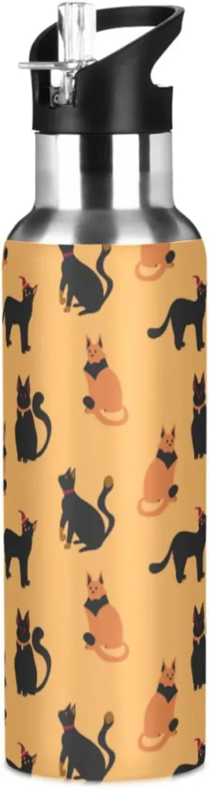 Halloween Water Bottle with Straw Lid Double Wall Witch Cats Thermos Bottle Vacuum Insulated Flask Stainless Steel Water Bottle for Gym Outdoor 20 OZ