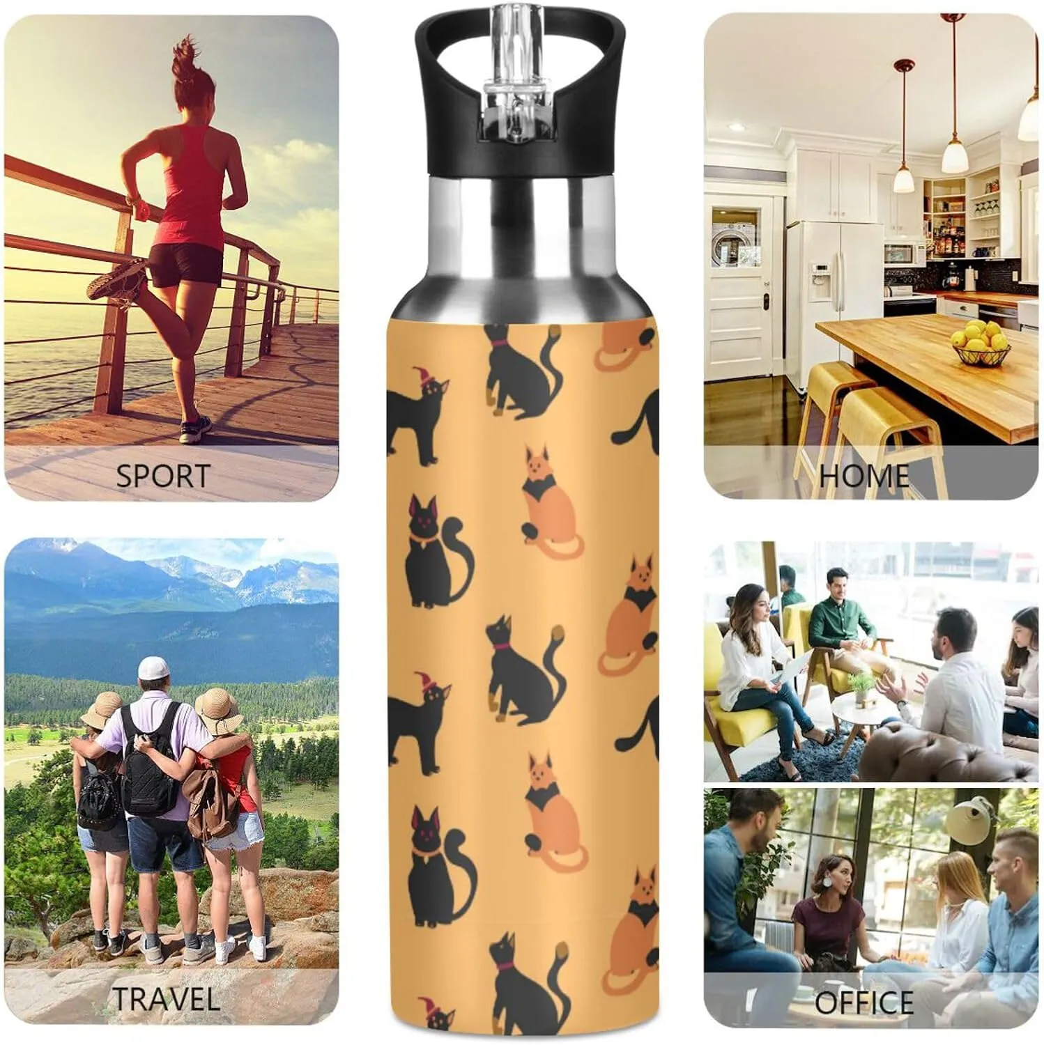 Halloween Water Bottle with Straw Lid Double Wall Witch Cats Thermos Bottle Vacuum Insulated Flask Stainless Steel Water Bottle for Gym Outdoor 20 OZ