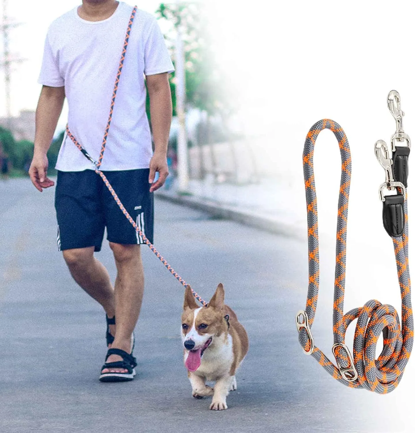 Hands Free Dog Leash(8.5ft), 8 in 1 Multifunction Nylon Double Leash for Dogs,1.2cm Dog Training Leash with Reflective Stitching, Adjustable Waist Dog Leash Fits all Waist for Medium Large Dogs-Orange