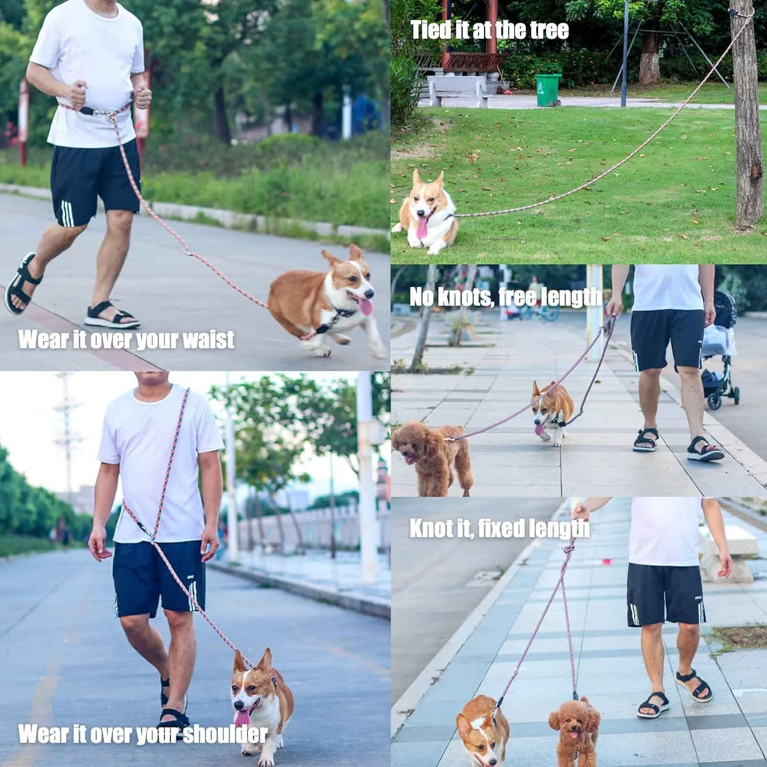 Hands Free Dog Leash(8.5ft), 8 in 1 Multifunction Nylon Double Leash for Dogs,1.2cm Dog Training Leash with Reflective Stitching, Adjustable Waist Dog Leash Fits all Waist for Medium Large Dogs-Orange