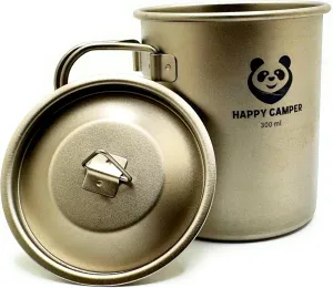 Happy Camper Ultralight Titanium Mug with Lid and Net Drawstring Bag, 300 ml - High Strength Cup for Camping, Backpacking, Hiking, and Backyard Use