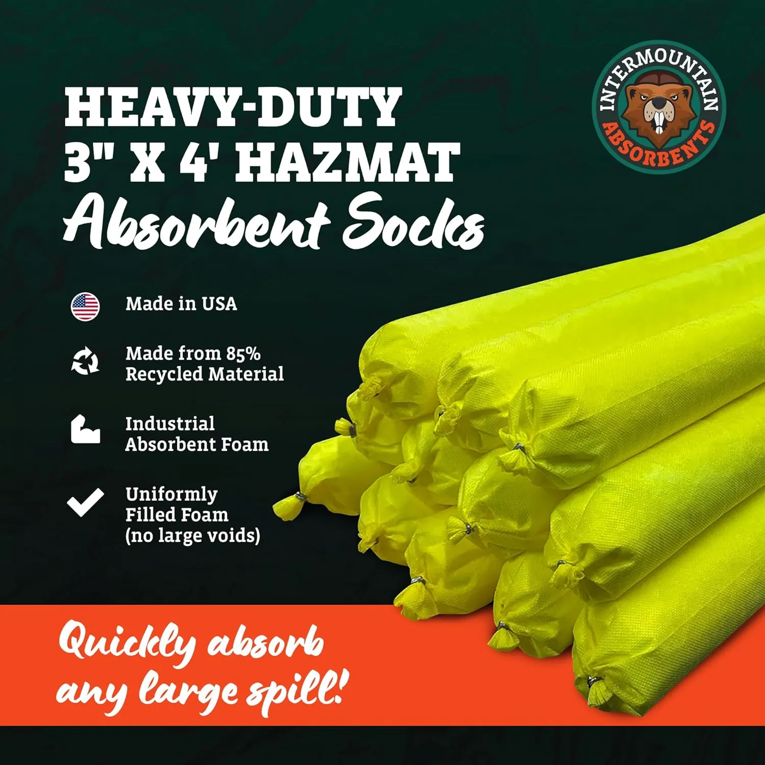 Hazmat Absorbent Socks - Universal Absorbent Socks for Spills, Recycled Material Yellow Spill Socks, Absorb Liquid Spills 1 Gallon per Sock - 3" x 4' (12 Pack)