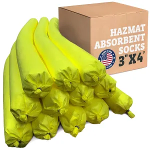Hazmat Absorbent Socks - Universal Absorbent Socks for Spills, Recycled Material Yellow Spill Socks, Absorb Liquid Spills 1 Gallon per Sock - 3" x 4' (12 Pack)