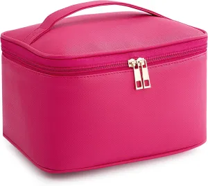 HBlife Travel Makeup Bag Portable Cute Leather Cosmetic Bag Large Make Up Bag Makeup Case Organizer Toiletry Bag for Women Girls with Handle and Removable Divider (Hot Pink)