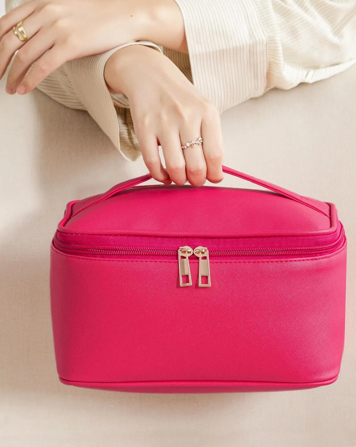 HBlife Travel Makeup Bag Portable Cute Leather Cosmetic Bag Large Make Up Bag Makeup Case Organizer Toiletry Bag for Women Girls with Handle and Removable Divider (Hot Pink)