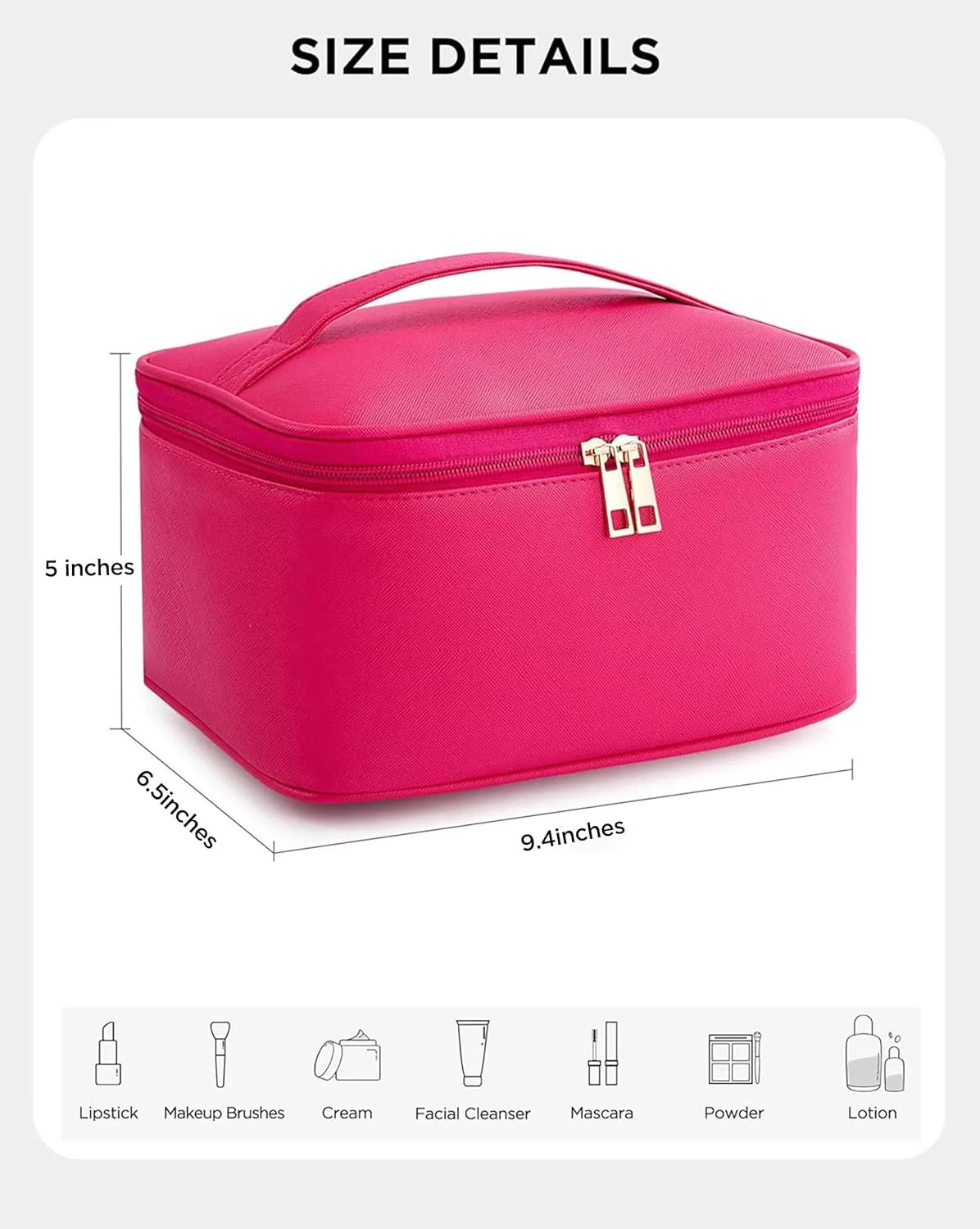 HBlife Travel Makeup Bag Portable Cute Leather Cosmetic Bag Large Make Up Bag Makeup Case Organizer Toiletry Bag for Women Girls with Handle and Removable Divider (Hot Pink)