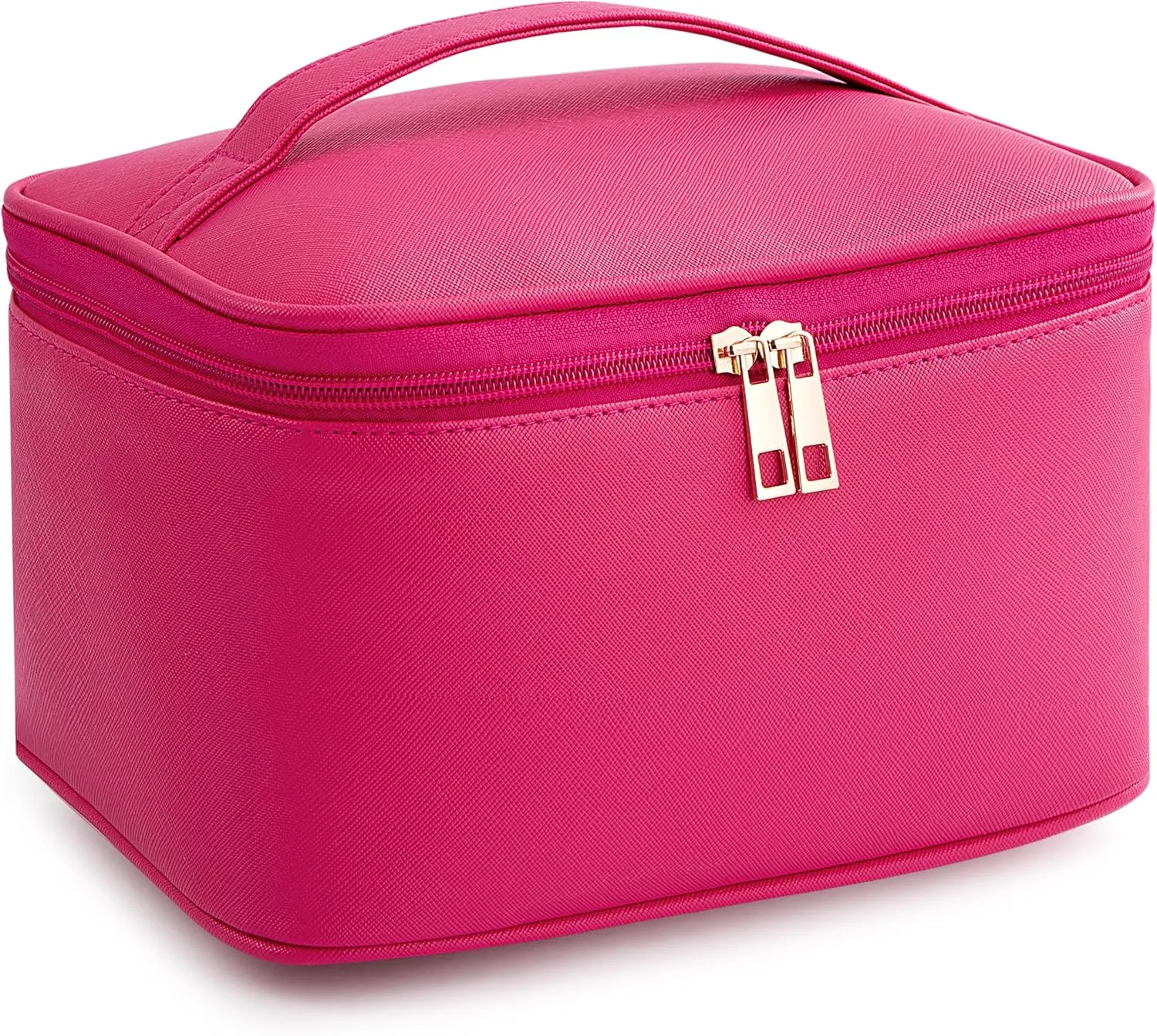 HBlife Travel Makeup Bag Portable Cute Leather Cosmetic Bag Large Make Up Bag Makeup Case Organizer Toiletry Bag for Women Girls with Handle and Removable Divider (Hot Pink)