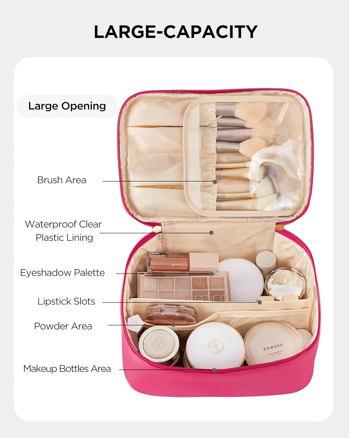 HBlife Travel Makeup Bag Portable Cute Leather Cosmetic Bag Large Make Up Bag Makeup Case Organizer Toiletry Bag for Women Girls with Handle and Removable Divider (Hot Pink)