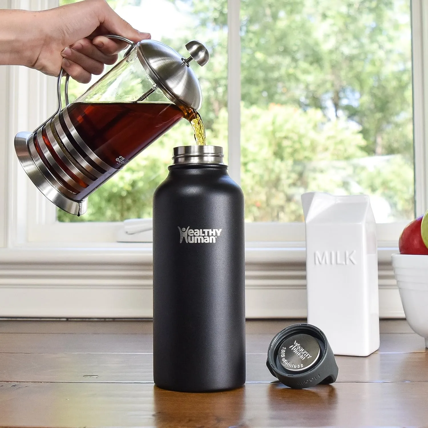 Healthy Human Stainless Steel Water Bottle | Double Walled Vacuum Insulated Water Thermos for Adults | Eco-Friendly Travel Bottles with Leak Proof Lid (Pure Black, 32 oz/ 946 ML)