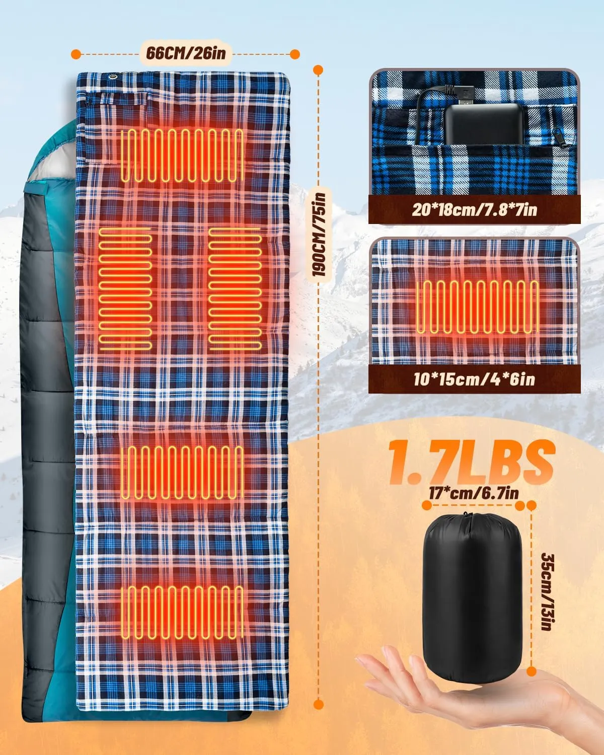 Heated Sleeping Bag Liner, 5 Heating Zones, Electirc Sleeping Bag Heater for Cold Weather Camping Backpacking or Hiking, Multi USB Power Supported (Battery NOT Included)