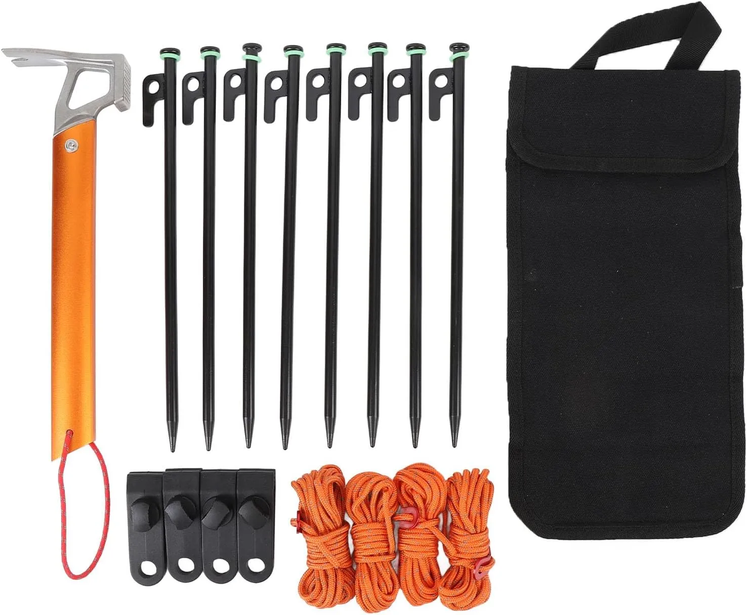 Heavy Duty Tent Stakes and Camping Hammer Set,Multiuse 30cm with 4mm Outdoor Guy Lines Tent Cords Lightweight Camping Rope Pegs Bag Canopy Clips Hammer for Hiking Backpack (Black Orange)