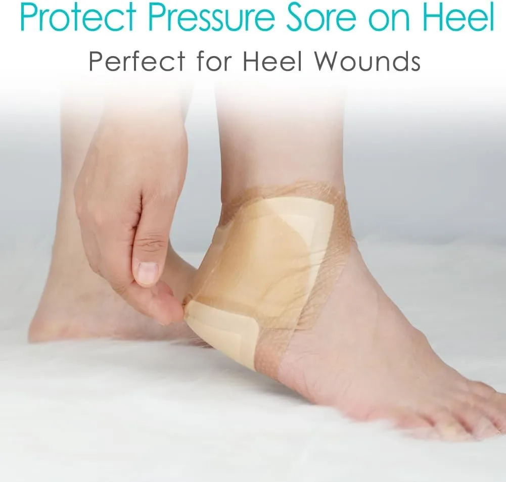Heel Bordered Silicone Foam Dressing Waterproof Adhesive Sacral Bandages with Absorbent Padding for Elbow Wrist Foot Pressure Bed Sore Hip Knee Replacement Surgery 8.26"x8.26" 2 Pack