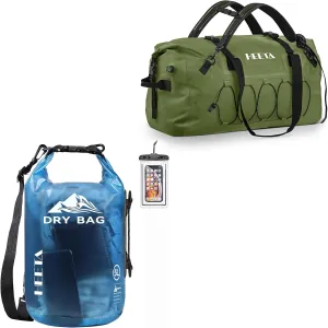 HEETA Waterproof Dry Bag for Women Men (Blue, 5L) Bundled with Waterproof Duffel Bag Motorcycle Dry Bag (Green, 60L)