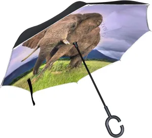 hengpai Brown Elephant Animal Reverse Inverted Inside Out Umbrella Cars Unigue Windproof UV Proof Double Layer for Women,One Size