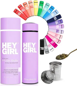 Hey Girl Tea Infuser Bottle 450ml - Insulated Stainless Steel Water Bottle - Tea Tumbler with Tea Diffuser - Portable Travel Mug for Loose Leaf Tea & Infused Water - Tea Lovers Gifts for Women