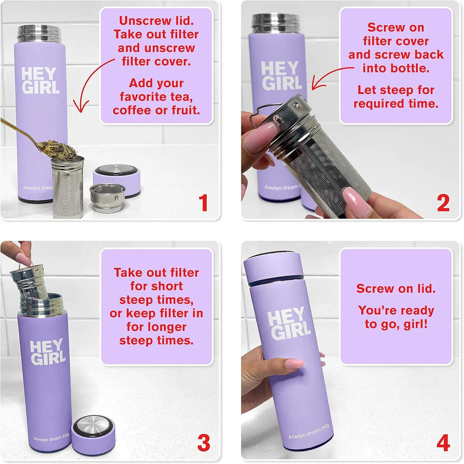 Hey Girl Tea Infuser Bottle 450ml - Insulated Stainless Steel Water Bottle - Tea Tumbler with Tea Diffuser - Portable Travel Mug for Loose Leaf Tea & Infused Water - Tea Lovers Gifts for Women