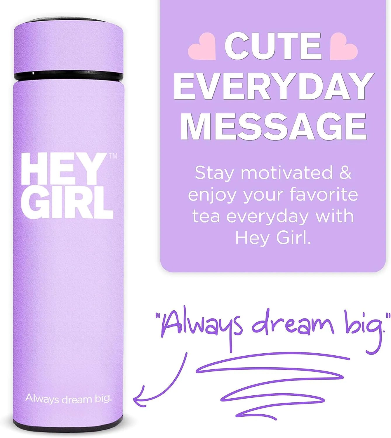 Hey Girl Tea Infuser Bottle 450ml - Insulated Stainless Steel Water Bottle - Tea Tumbler with Tea Diffuser - Portable Travel Mug for Loose Leaf Tea & Infused Water - Tea Lovers Gifts for Women