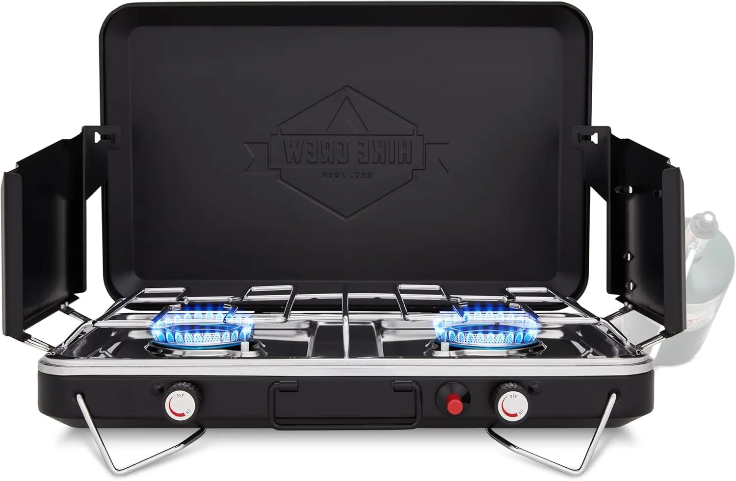 Hike Crew Gas Camping Stove | 20,000 BTU Portable Propane 2 Burner Stovetop | Integrated Igniter & Stainless Steel Drip Tray | Built-in Carrying Handle, Foldable Legs, Wind Panels | Includes Regulator