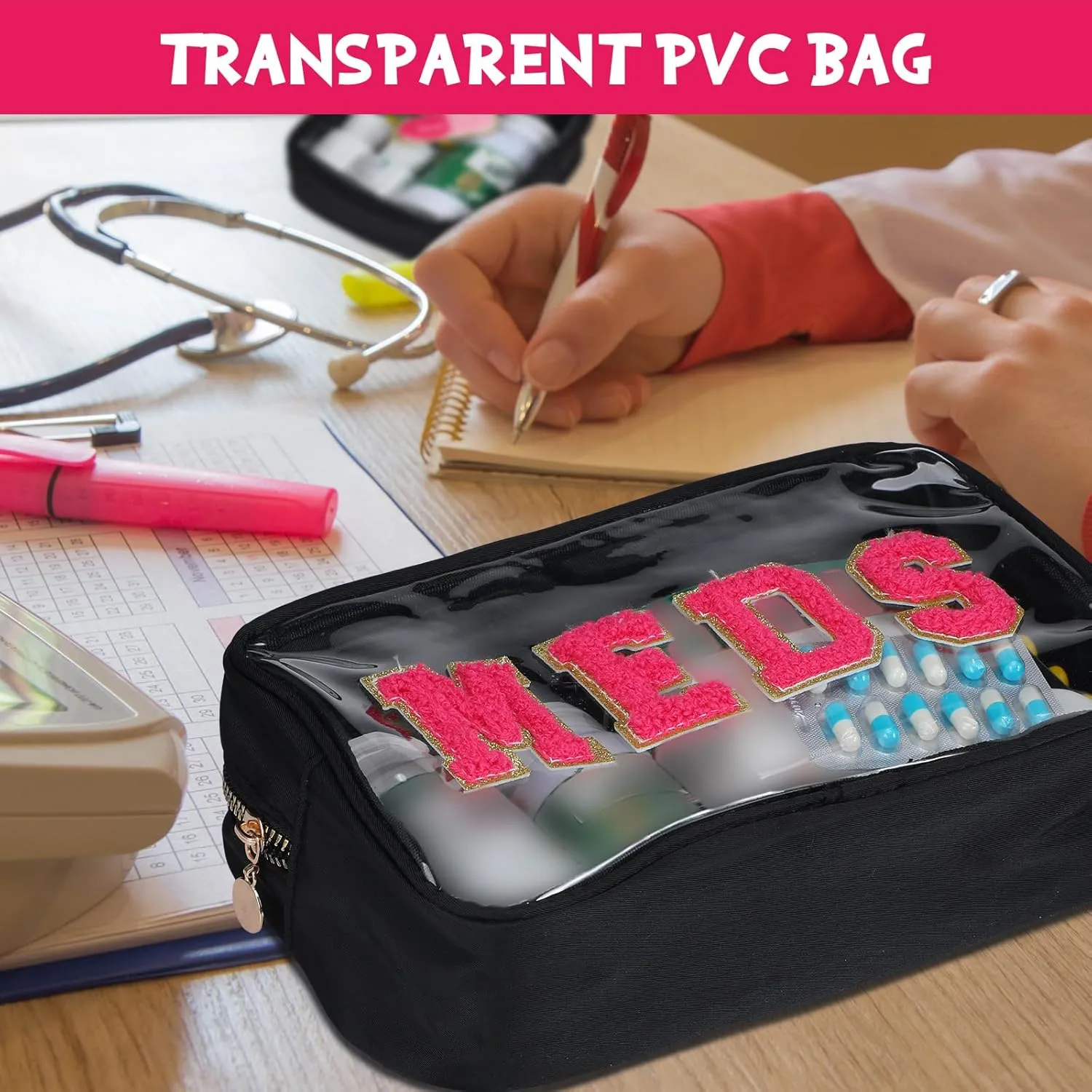 Hillban 2 Pcs Medicine Bag Gifts Chenille Letter Bag Preppy Clear Makeup Meds Nylon Pouch Set PVC Transparent Mini First Aid Christmas Gift for Travel(Basic)