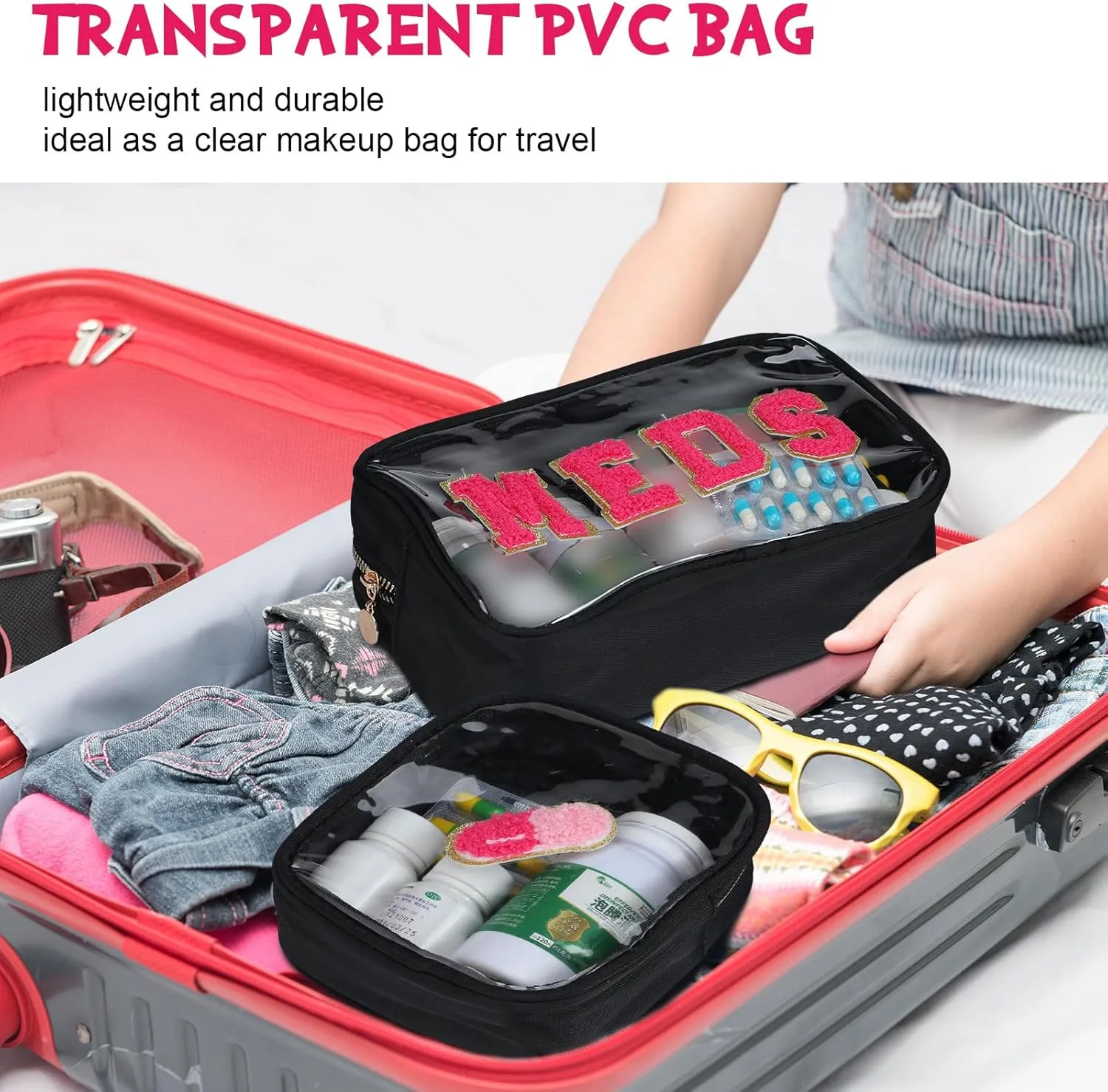Hillban 2 Pcs Medicine Bag Gifts Chenille Letter Bag Preppy Clear Makeup Meds Nylon Pouch Set PVC Transparent Mini First Aid Christmas Gift for Travel(Basic)