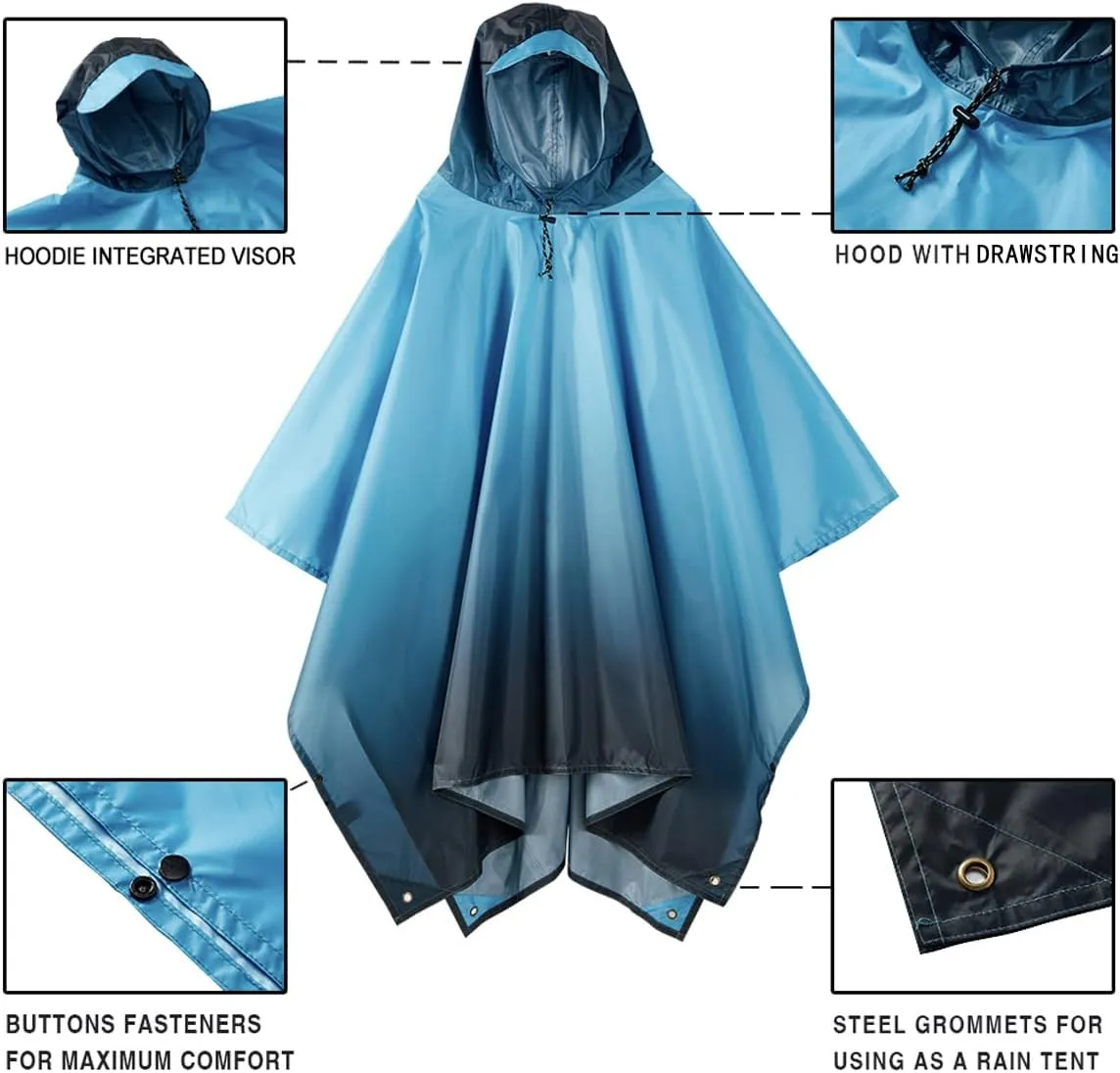 Hooded Rain Poncho for Adult, Waterproof Lightweight Raincoat for Hiking Camping