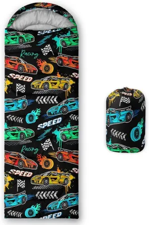 HOSIMA Adult Kids Sleeping Bag-Adorable Cartoon Car Pattern,Cold Weather and Warm Weather Sleeping Bag for Camping Hiking Sleepaway Camp Stuff,Light Blue Backpacking Ultralight Sleeping Bag.