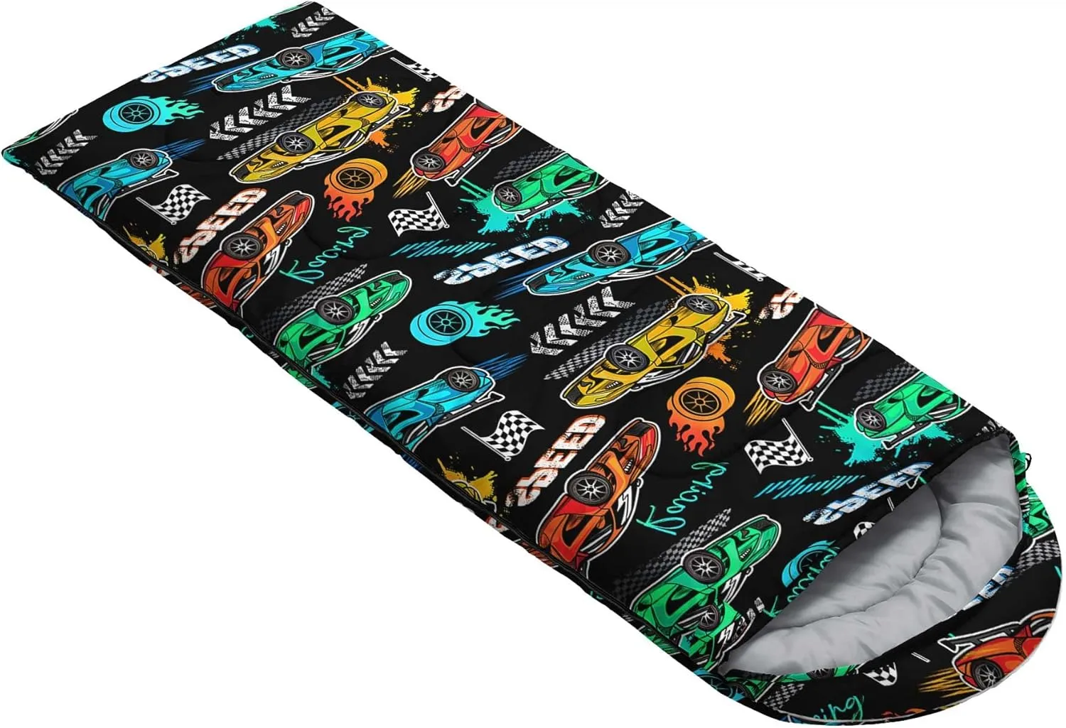 HOSIMA Adult Kids Sleeping Bag-Adorable Cartoon Car Pattern,Cold Weather and Warm Weather Sleeping Bag for Camping Hiking Sleepaway Camp Stuff,Light Blue Backpacking Ultralight Sleeping Bag.